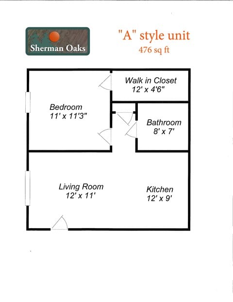 Floor plan for 1 bed, 1 bath, 476 sqft
